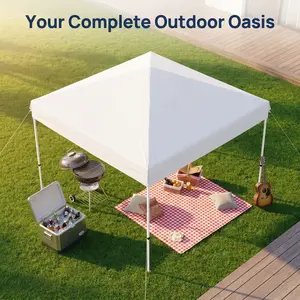 YJ-Garvee 10x10 ft Heavy Duty Pop Up Canopy Tent – Outdoor Storage Shelter, One-Button Easy Setup, 3 Adjustable Heights, 4 Sandbags, 8 Stakes, 4 Ropes, Sidewall, Roller Carry Bag, Backyard, Parties, Camping, White