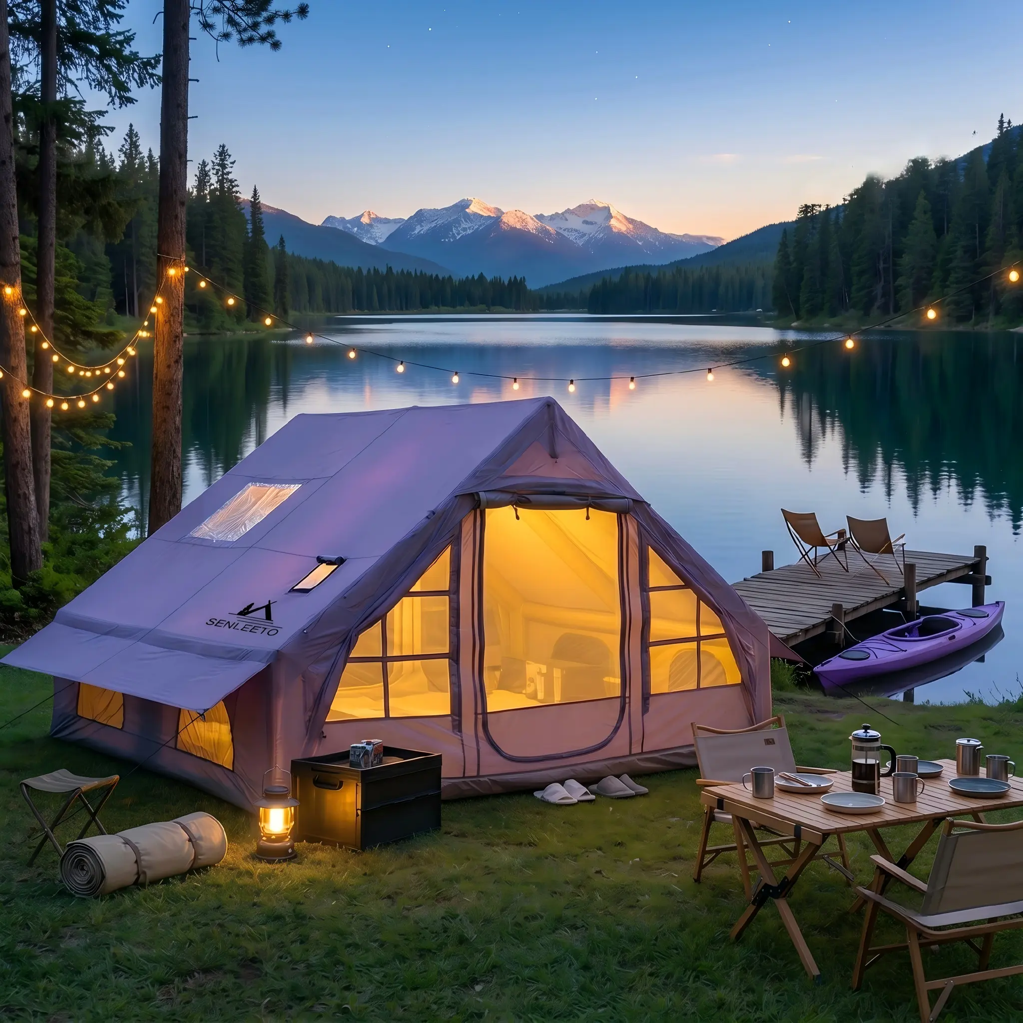 Heavy Duty Waterproof Inflatable Camping Tent - 4-Season, 8-10 Person, 129 Sq Ft, Roomy Interior, Sturdy Airframe, Stove Jack, Mesh Windows, Pump, Warm, Water Resistant, Stake-Instant Portable Canopy for Spot Clean Camping