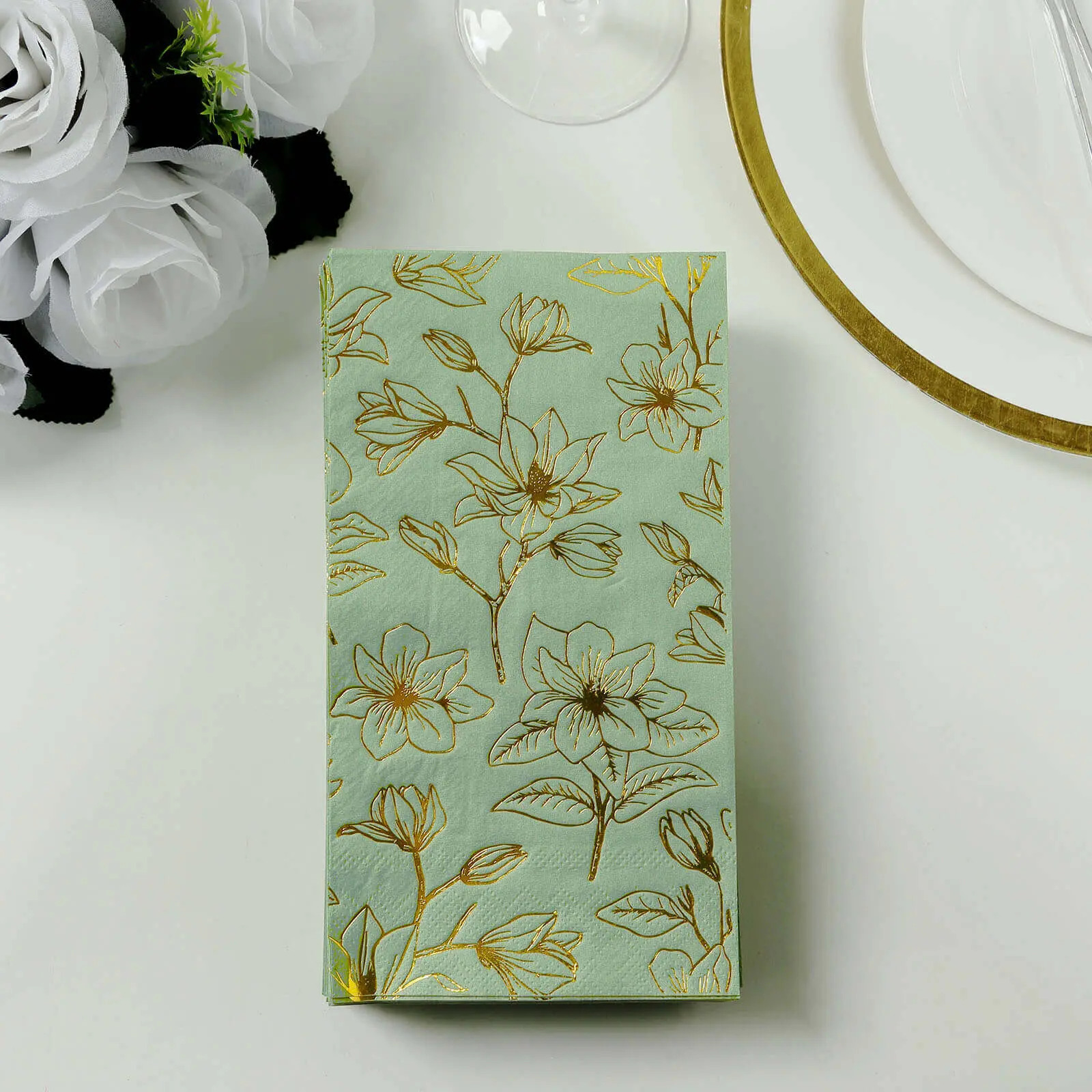 Disposable Floral Napkins - 50-Pack 2-Ply Sage Green Paper Dinner Napkins with Gold Magnolia Print, Soft Water Absorbent Restaurant Tableware for Birthday Parties