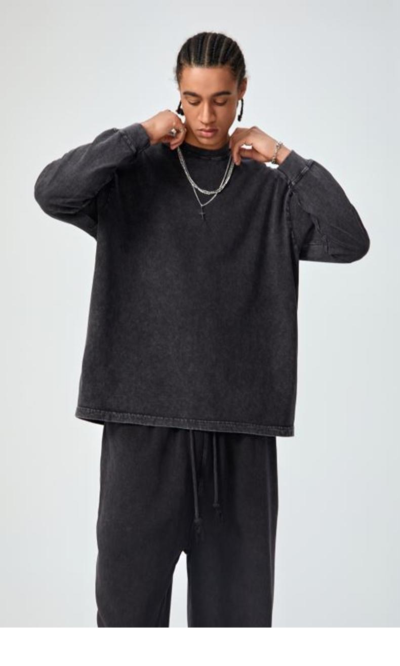 Inflation 100% Cotton 270g Cropped Boxy Fit Washed Oversize Streetwear Long Sleeve T-Shirt Autumn New American Vintage Washed Cotton Tee Short Menswear Top Tshirt Round Neck Crewneck Casual Bestie Operator Beige Plain