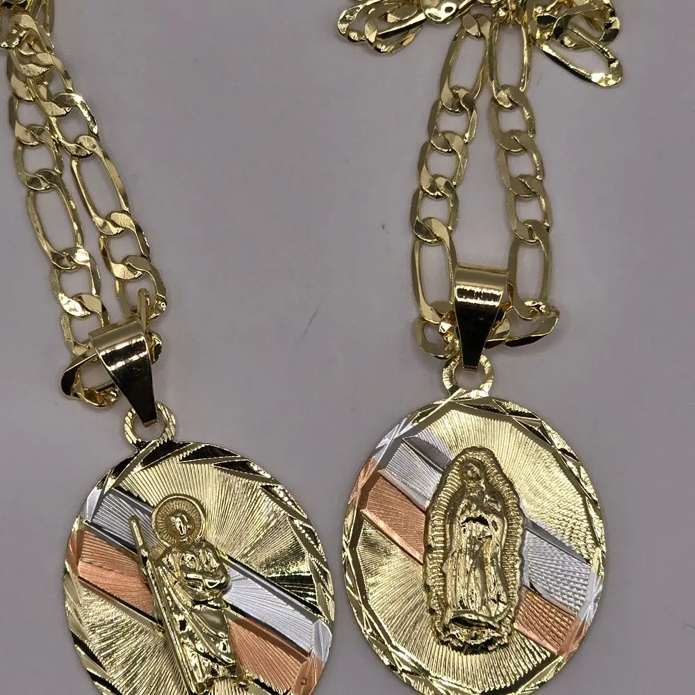 Medalla Tricolor San Judas Tadeo Or Virgen de Guadalupe Gold Chain Pendant Necklace for Men Women