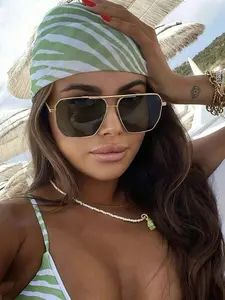 Women's Retro Polygonal Metal Frame Glasses, Thin-Frame Pilot Style Eyewear, Beach Accessories, Business Casual Gift, Fall Winter Fashion, Rectangular Sunglasses, Vintage Trendy Sunglasses