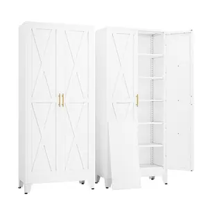 Vintage Large Metal Storage Cabinet with Adjustable Shelves | 75" Tall x 31.5" Wide Freestanding Organizer for Hallway, Entryway, Bedroom, Kitchen & Laundry Room, Retro Industrial Style door armoire pantry steel frame Modern Wooden Wardrobe