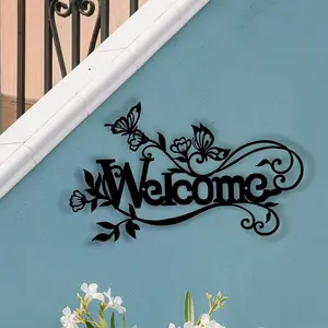 Welcome Letter Design Wall Art, Butterfly & Branch Design Wall Decor, Outdoor & Indoor Decorative Sign for Home, Living Room, Kitchen, Garden, Office