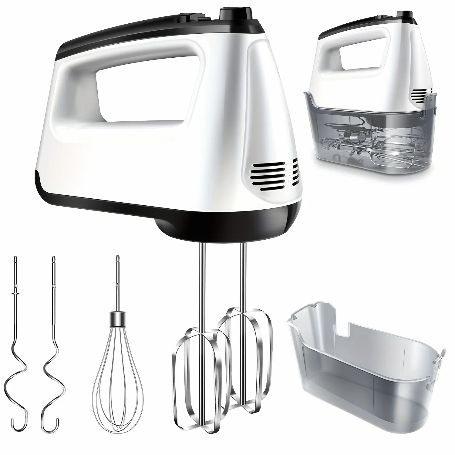 Hand Mixer Electric, 6 Speed & Turbo Handheld Mixer with 5 Stainless Steel Accessories, Electic Mixer for Whipping, Mixing Cookies, Brownie, Cakes, Dough Batters, Snap-On Storage Case, White.