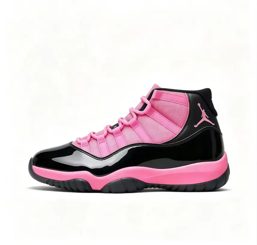 Pink Black Glossy Patent High‑Top Retro Basketball Sneakers for Men Women, Shiny Patent Overlays, Cushioned Midsole, Durable Rubber Outsole, Fashion Streetwear Footwear for Casual Sports Daily Street Outfits