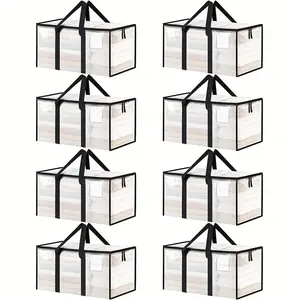 8pcs Transparent HeavyDuty Moving Bags with Lids XL Large Storage Boxes Reinforced Handles Zipper Closure for Clothing Bedding Dorm Organization College Supplies Moving