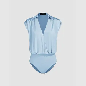 Women's Satin V-Neck Solid Ruched Sleeveless Cider Bodysuit, 2 Colors, Size 2-26