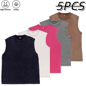100% cotton sleeveless tank top 5-pack, American street style, distressed wash finish, highly elastic and skin-friendly fabric, suitable for gym workouts and everyday casual wear, versatile basic men’s apparel Muscle Unisex Acid