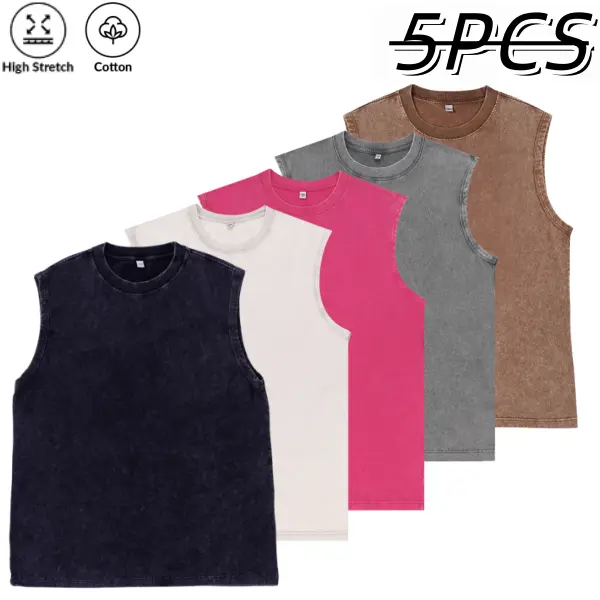 100% cotton sleeveless tank top 5-pack, American street style, distressed wash finish, highly elastic and skin-friendly fabric, suitable for gym workouts and everyday casual wear, versatile basic men’s apparel Muscle Unisex Acid