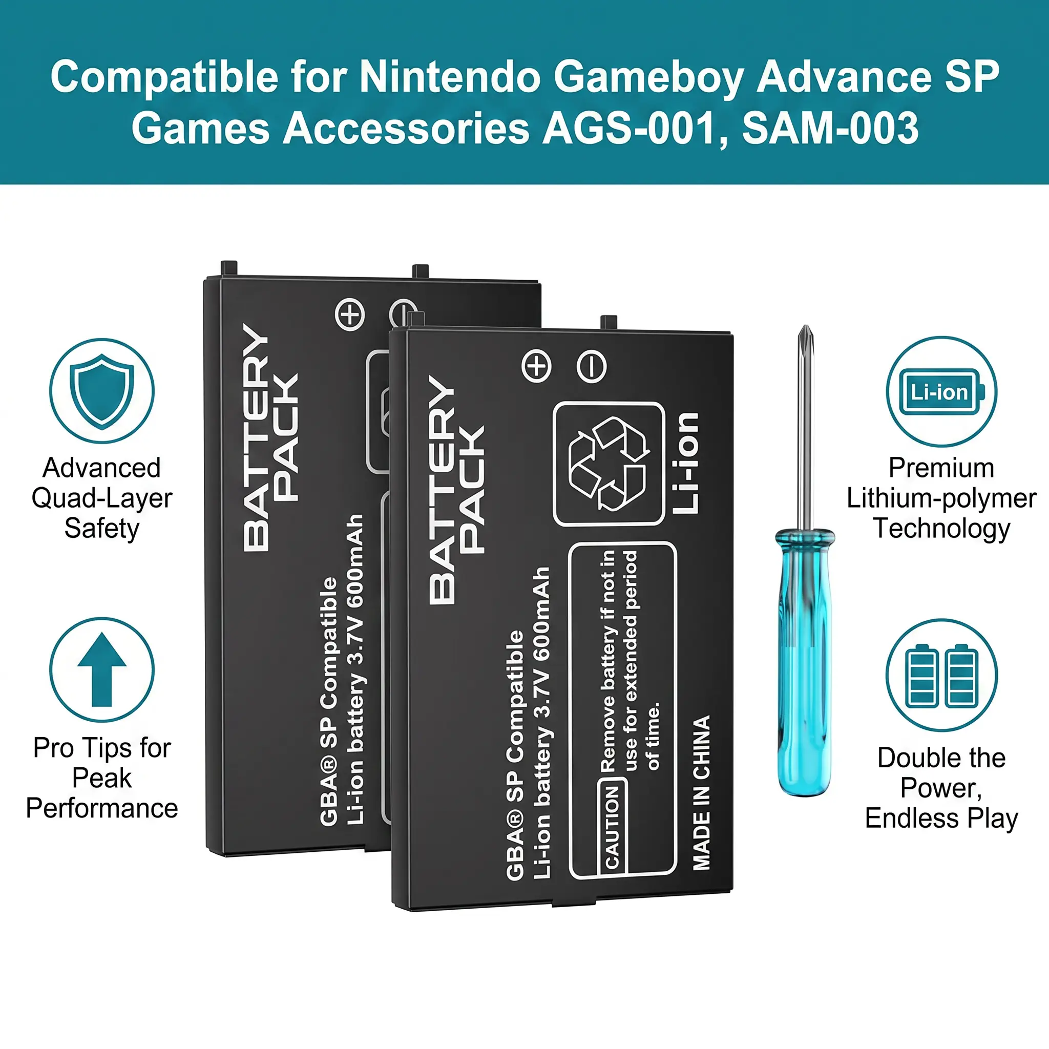 RUNTOGOL 2PCS 600mAh Rechargeable Batteries for Nintendo Gameboy Advance SP, Compatible with AGS-001/SAM-003, Includes Screwdriver Installation Tool (Gaming Console Accessory)