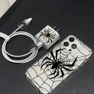 Spider Web Pattern Phone Case with Charger Saver & Cable Protector & Storage Rope, Anti-drop Cellphone Protective Case, Total Protective Shockproof Durable Mobile Phone Cover for iPhone, Casing, Smartphone