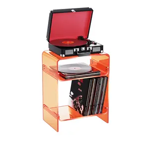 Acrylic Record Player Table with Storage Shelf, Transparent Side Table Bedside Table