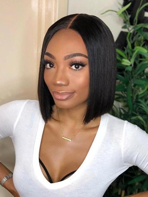 Human Hair Double Drawn Bob Wig, 4x4 Lace Frontal Pre-Plucked Natural Hairline with Elastic Band, Human Hair Short Straight Blunt Cut Wigs for Women,10 inch