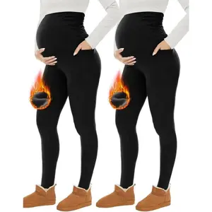 Women Fleece Lined Maternity Leggings with Pockets Over The Belly,Pregnancy Thermal Warm Workout Yoga Pants