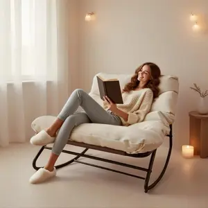 Oversized Papasan Rocking Chair with Cushion, Indoor Outdoor Patio Lounge Rocker Chair, Heavy-Duty Metal Frame Supports Up to 450 lbs, Comfy Reading & Relaxation Chair for Garden, Lawn, Bedroom & Living Room, Gray modern accent