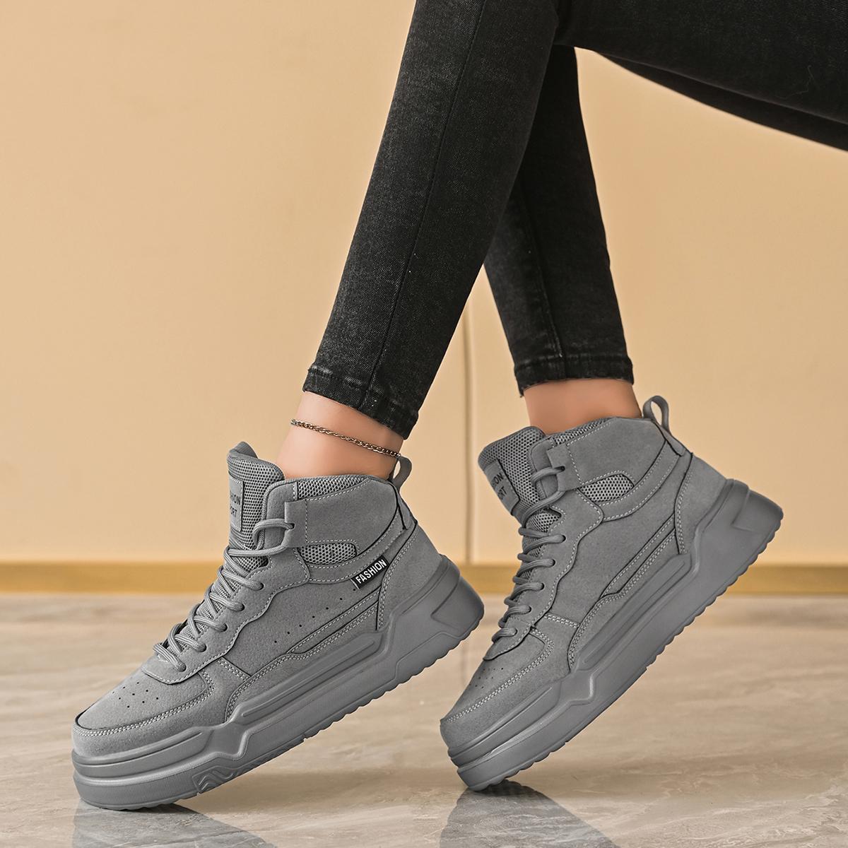 Women’s high-top sneakers, gray suede-texture platform shoes, casual platform shoes, fashionable workwear boots, height-boosting shoes, breathable and comfortable women’s shoes, street style, versatile everyday shoes