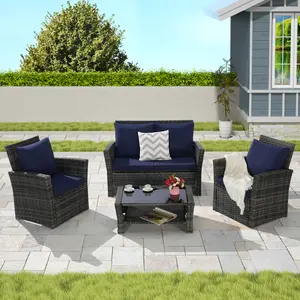 4 Pieces Outdoor Patio Furniture Sets Garden Rattan Chair Wicker Set, Poolside Lawn Chairs with Tempered Glass Coffee Table Porch Furniture rattan wicker chair