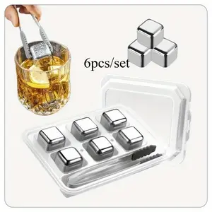 6 Piece Whiskey Ice Cubes Set with Silicone Head Tongs and Ice Cube Trays Stainless Steel Ice Cubes Reusable Home Bar Accessories