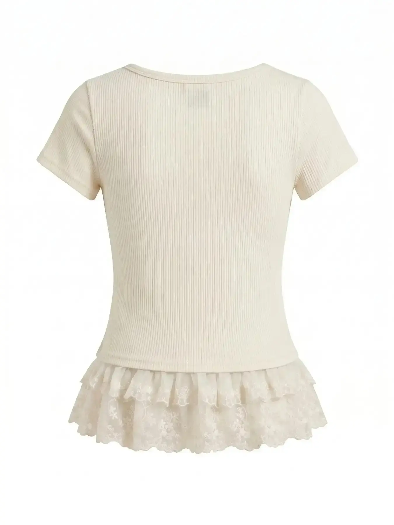 Cream White Ribbed Lace Trim Henley Top with Hem - 2026 Trending Coquette Style, Soft Stretch Fabric for Street & Brunch Versatile Short Sleeve Casual Sexy Outfit, Wrinkle Resistant Daily Date Womenswear chic look