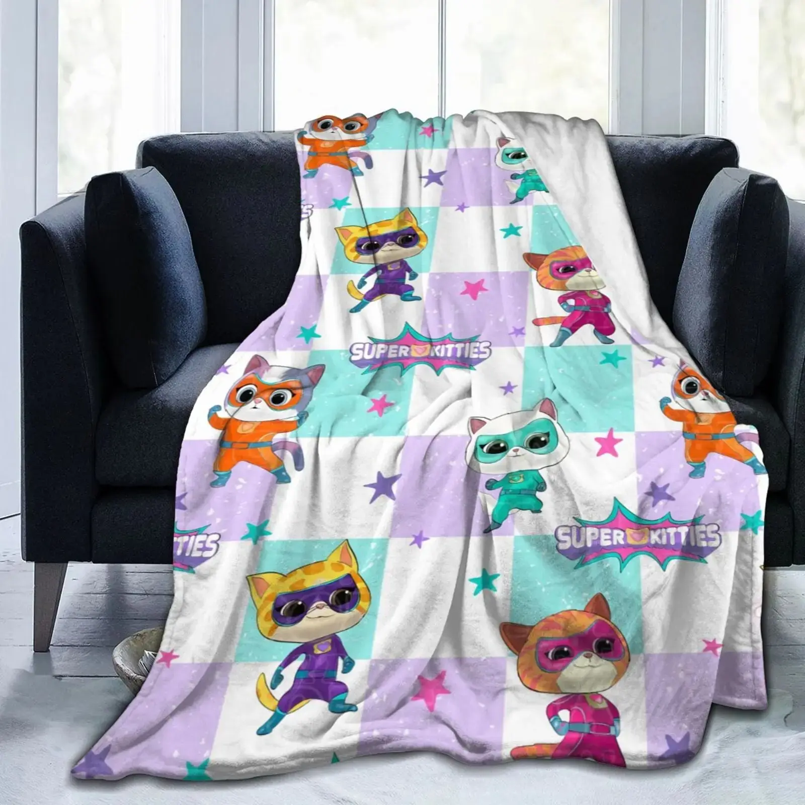 SuperKitties Cartoon Flannel Throw BlanketUltra Soft Warm Cozy Fleece, 50"x40", Perfect for Kids Boys Girls, Sofa Bed Camping Travel Gift