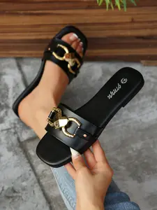 Women's New Fashionable Slippers Classic Elegant Versatile Solid Color Metal Decorated Square Toe Flat Sandals