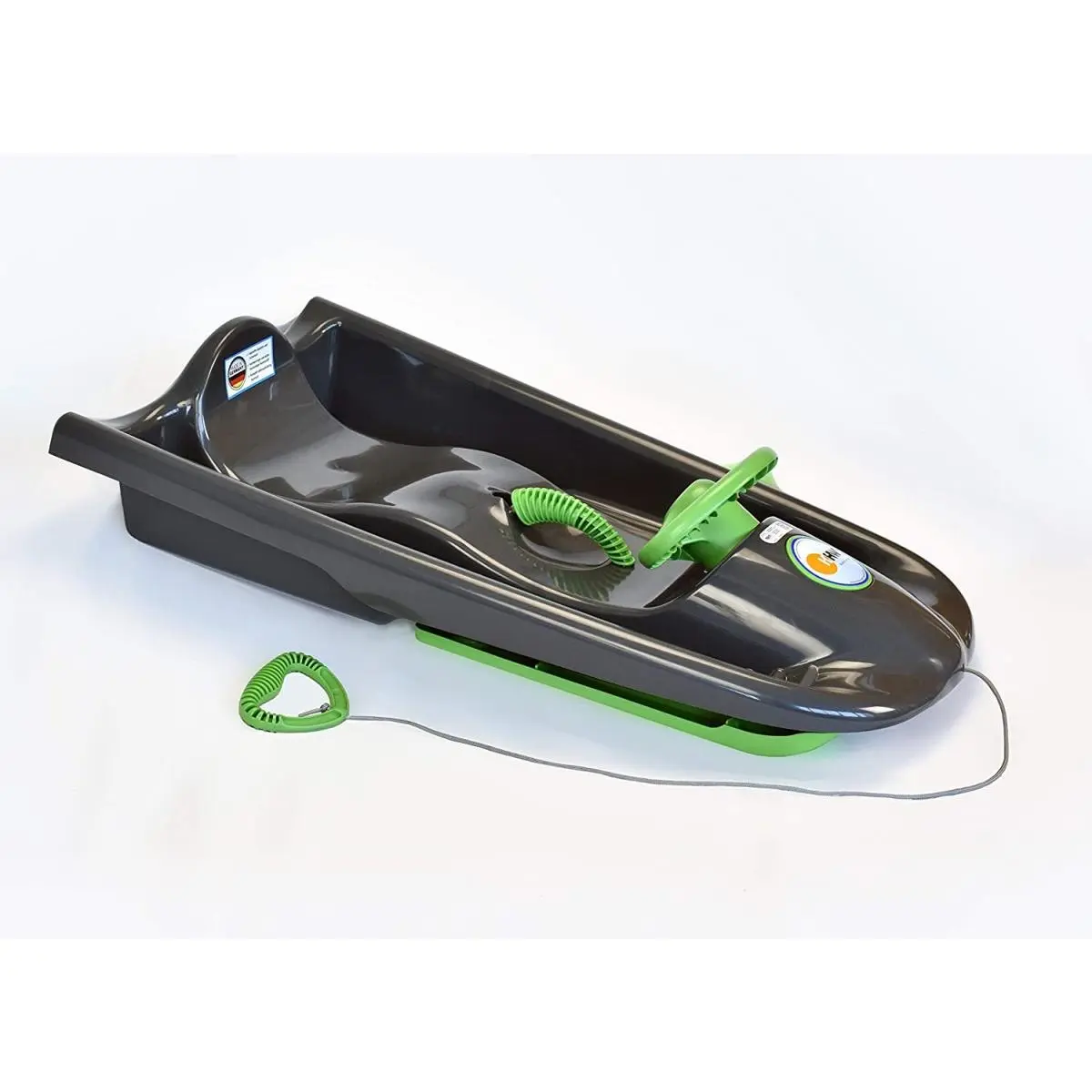 39x20x6" 12 lbs Racecar-Style Solo Racing Sled, Molded Plastic Snow Flyer with Steering Wheel, Contoured Seat, Center-Mounted Emergency Brake Handle, Non-Slip Footholds, Easy to Tow Up the Hill