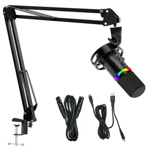 XLR/USB Condenser Microphone Kit, RGB Dynamic Gaming Metal Mic Kit, 48kHz/16Bit Plug & Play Cardioid, Mute, Gain Knob, Volume Control, Boom Arm for Streaming, Gaming, Voice-Over, Recording