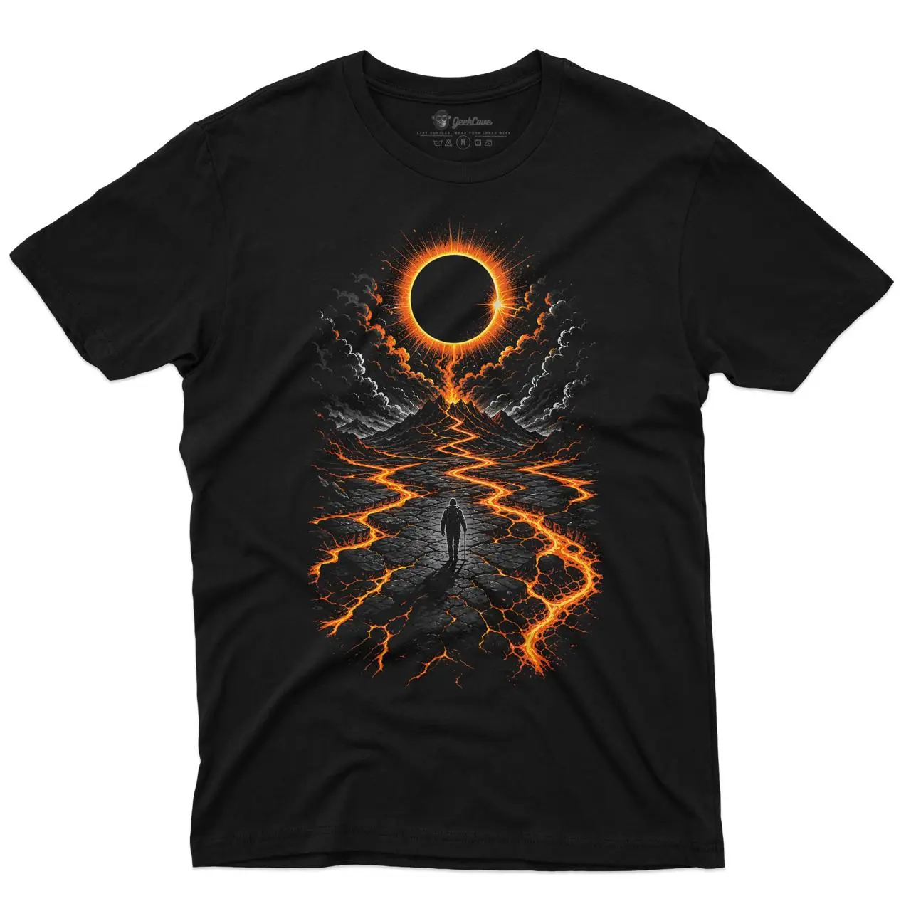 Men's Black Crew Neck Graphic Tee Featuring a Lava Trail Explorer Art Print with Glowing Details and Fiery Solar Eclipse, Graphic Print, Tops, Shortsleeve