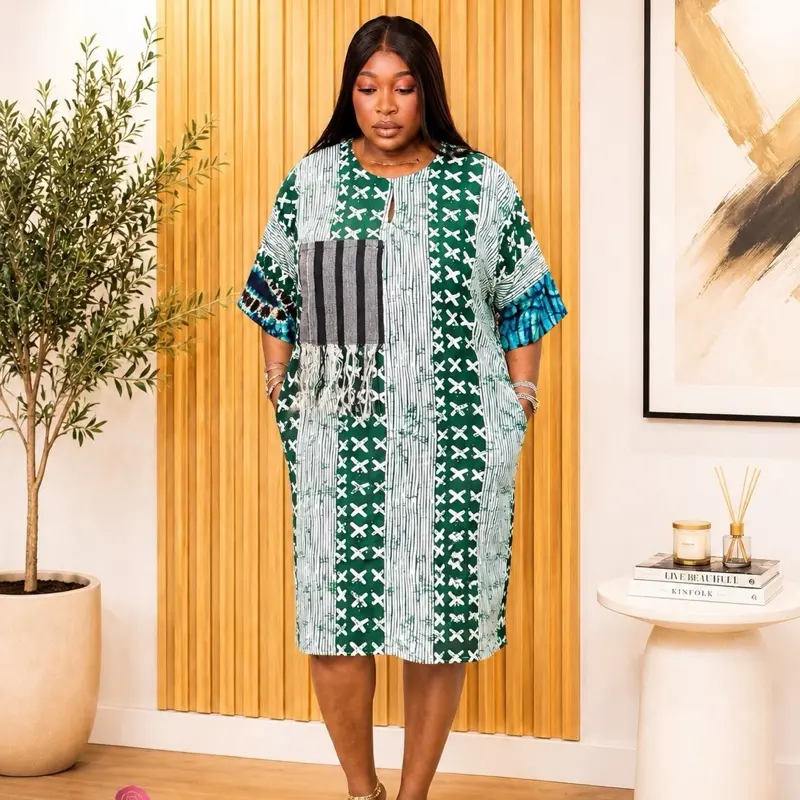 Rose Emerald Ankara Patchwork Pocket Midi Kaftan Dress