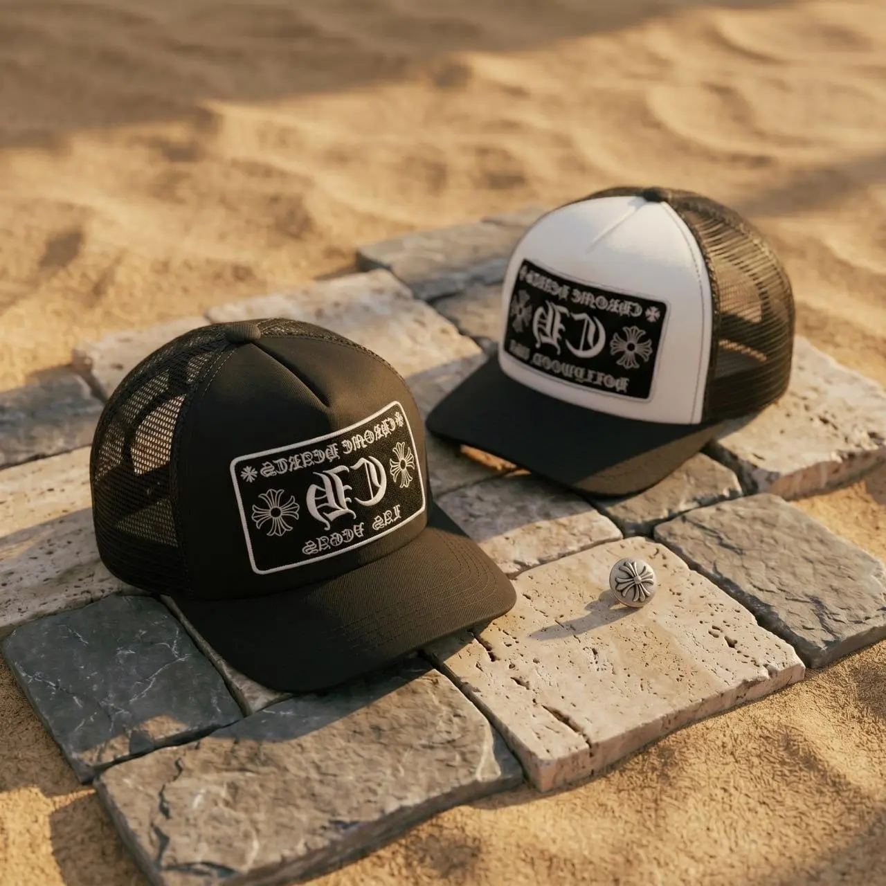 Chrome Hearts CH Trucker Hat Black White Beach Cobblestone Display | Bold Logo Patch Mesh Back Snapback Cap | Y2K Gothic Hip Hop Streetwear Apparel Gift