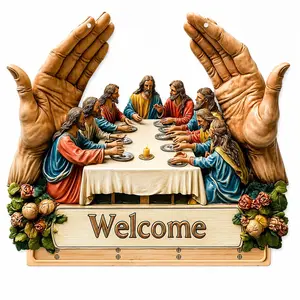 Jesus and Disciples Wall Art Keychain Holder, Religious Design with Four Metal Hooks, 10.4"x11.8"Artificial Wood & Metal Frame, Porch Welcome Sign, Farmhouse Style Seasonal Home Decor