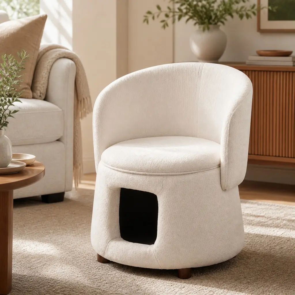 Beige Pet Friendly Armchair with Hidden Pet Nook, Convertible Stool, Storage Seat, 220lbs Capacity, Acacia Wood Legs, Fabric Upholstery, Foam Cushion, Living Room Chair for Small Spaces, 22.4Wx22.8Dx29H, Beige Color Options, Acacia Wood/Fabric/F
