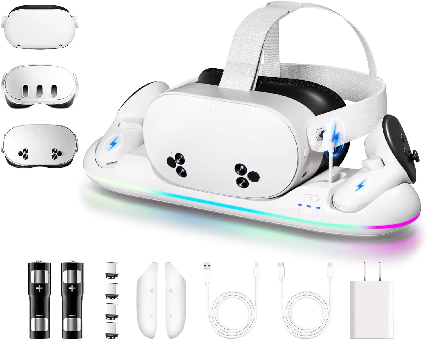 Charging Dock for Meta Quest 3S/3/2, 22W Fast VR Charging Station with 30W Adapter & Extra USB Port, Magnetic Stand with 2 Rechargeable Batteries & RGB Light, Neat and Orderly Storage
