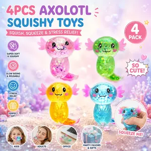 4Pcs soft rubber newt fidget toy set. Stretchy texture with slow rebound. Cute design for kids & adults. Relieve anxiety at work or travel, ideal gift for birthday parties