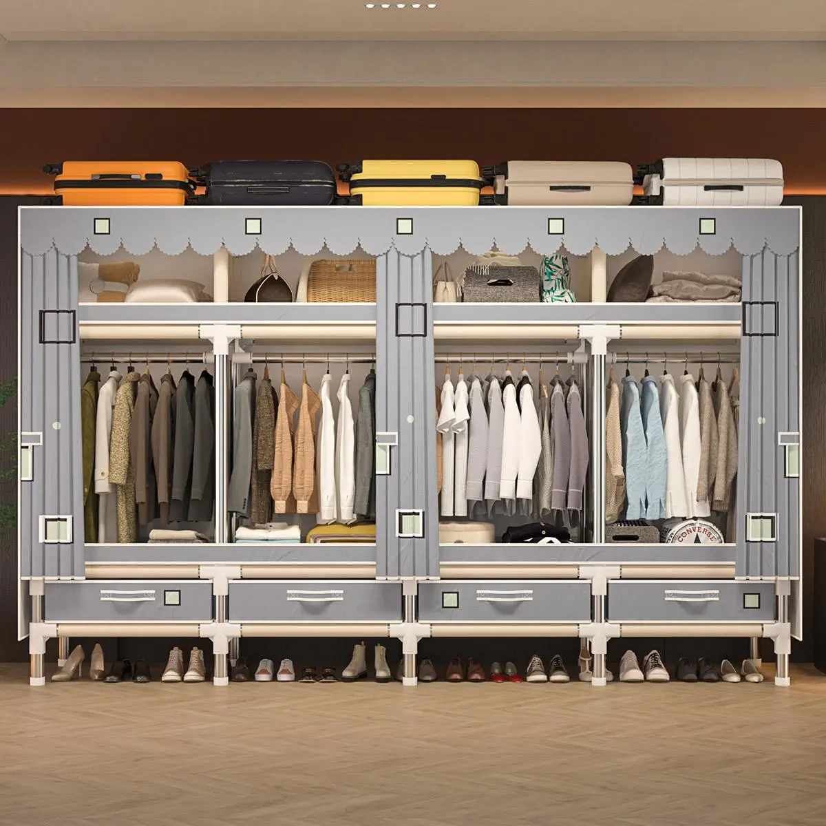 Fashion Print Portable Wardrobe, 97 Inch Extra Large Capacity Wardrobe with Lid, Clothes Storage Organizer with 4 Drawers and 4 Hanging Rods, Easy to Assemble,apartment living room furniture dressers for bedroom furniture set