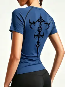 Middle Ages Y2K Gothic Style Dark Symmetrical Print Women's Short Sleeve Sporty Top, Summer Quick-Dry Breathable Stretch Workout Shirt