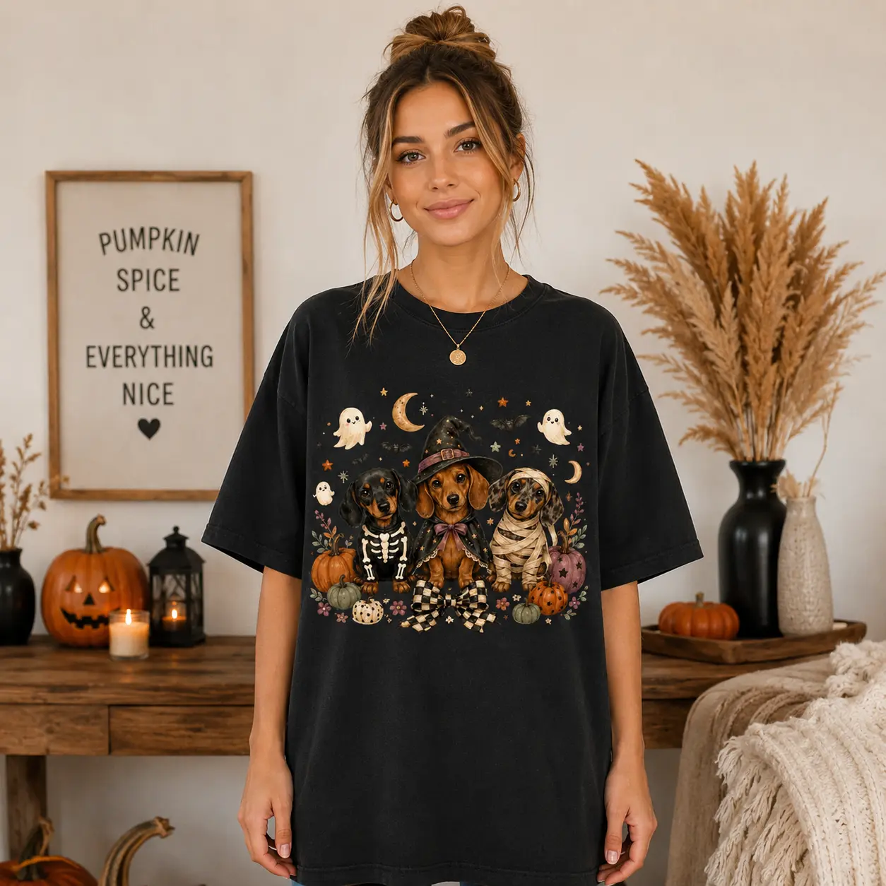 Halloween Dachshund , Cute Wiener Dogs in Witch Skeleton Mummy Costumes, Spooky Fall