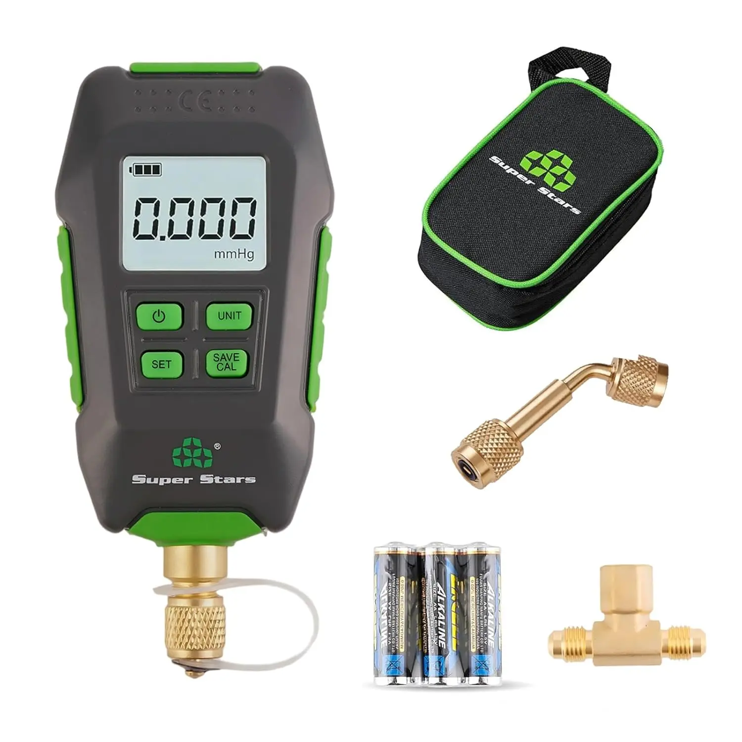 Super Stars Digital Micron Vacuum Gauge 1/4" SAE HVAC Tester LCD | Alarm Function, Temperature Compensation, Backlit Display, 4 Units, High Accuracy, Portable Case Included