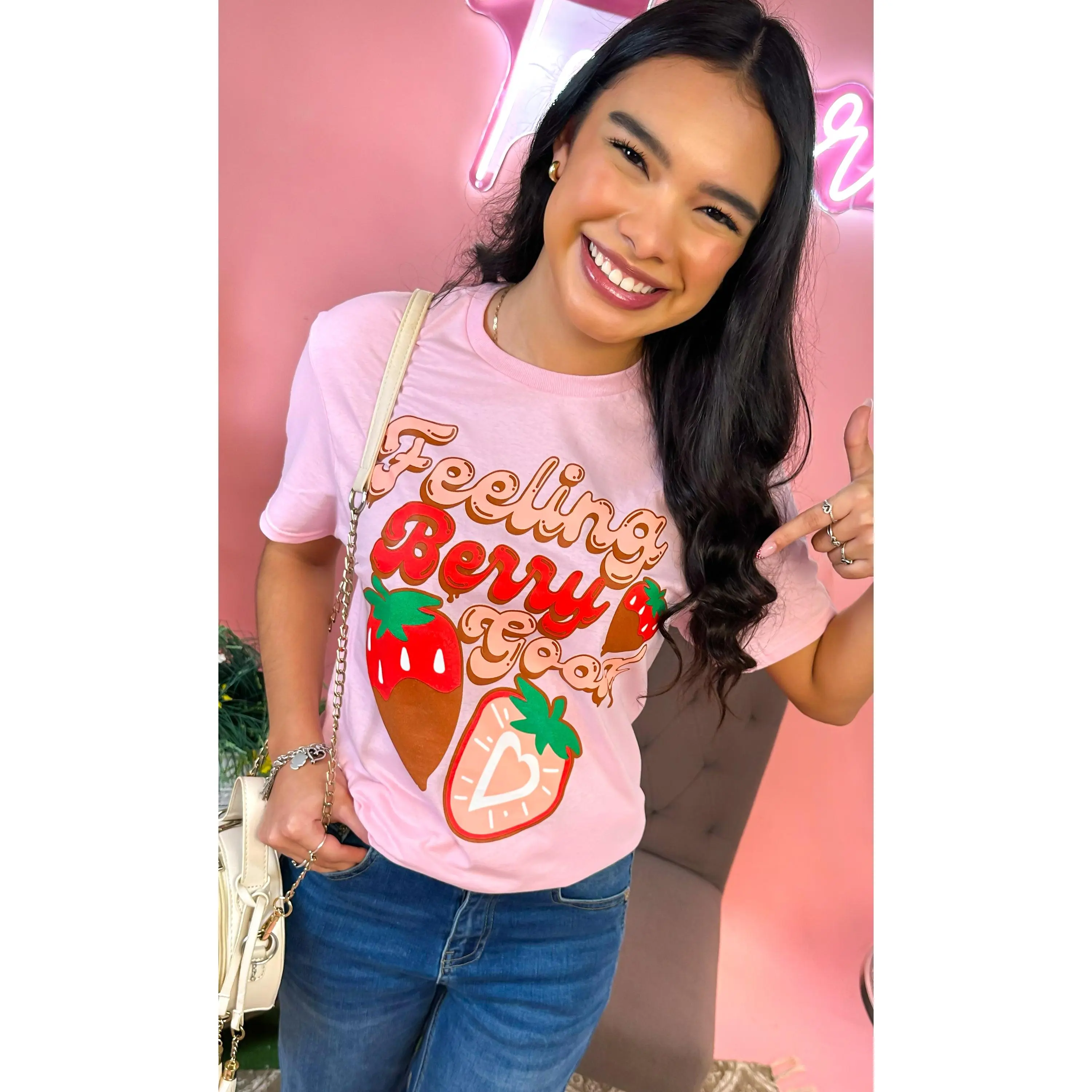 Tees2urdoor Women's Short-Sleeve Strawberry Graphic Cotton T-Shirt - "Feeling Berry Good" Light Pink Fitted Round Neck Garment for Everyday Streetwear Casual Wear, Shortsleeve
