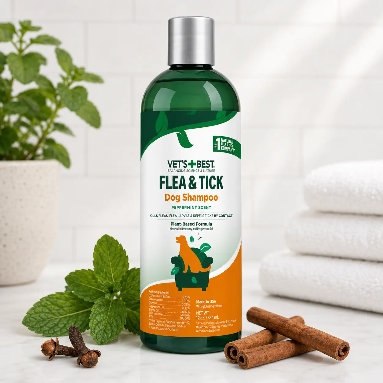 Vet’s Best Flea and Tick Shampoo for Dogs – Advanced Strength Plant-Based Formula for Flea Treatment and Prevention, Natural Flea Bath and Tick Control, Vet Recommended, Made in USA, 12 oz