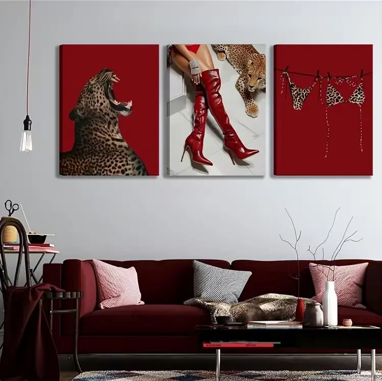 Set of 3 Red Baddie Aesthetic Wall Art Unframed Posters - Leopard, Red Boots & Bikini Art Prints for Bedroom & Dorm Decor