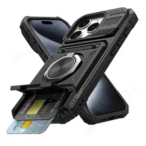 Case For iPhone 16 15 14 13 12 11 Pro Max XS XR 8 7 Plus Magnetic Rotated Ring Kickstand Heavy Duty Drop Protection Wallet Cover Smartphone Cash Metal Wireless