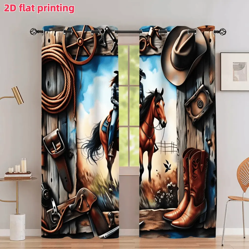 2D Flat 2Pcs Wild West Cowboy Theme Decorative Curtains, Home Decorative Curtain, Rustic Barn Wood Design with Horse Riding Girl Hat Boots and Lasso Prints, Metal Grommet Top Semi Sunshade Drapes for Bedroom Living Room Window Accessory