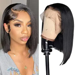 12 inch Natural Black Bob Wig Human Hair Straight Brazilian Hair 13x4 HD Transparent Lace Front Wigs Human Hair Pre Plucked 180% Density Glueless Short Bob Wig Human Hair Pre Plucked for Black Women