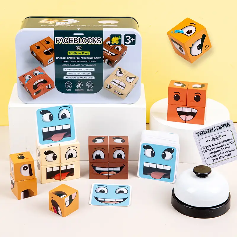 Face Change Cube Game, Wonderful Face Blocks Wooden Face Changing Magic Cube Game with Bell Mini Expression Puzzle Building Blocks Game Kids Toy Boys