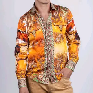 Barabas Men's Orange Western Inspired Bull Horn Rhinestone Long Sleeve Button Up Dress Shirt Menswear Top