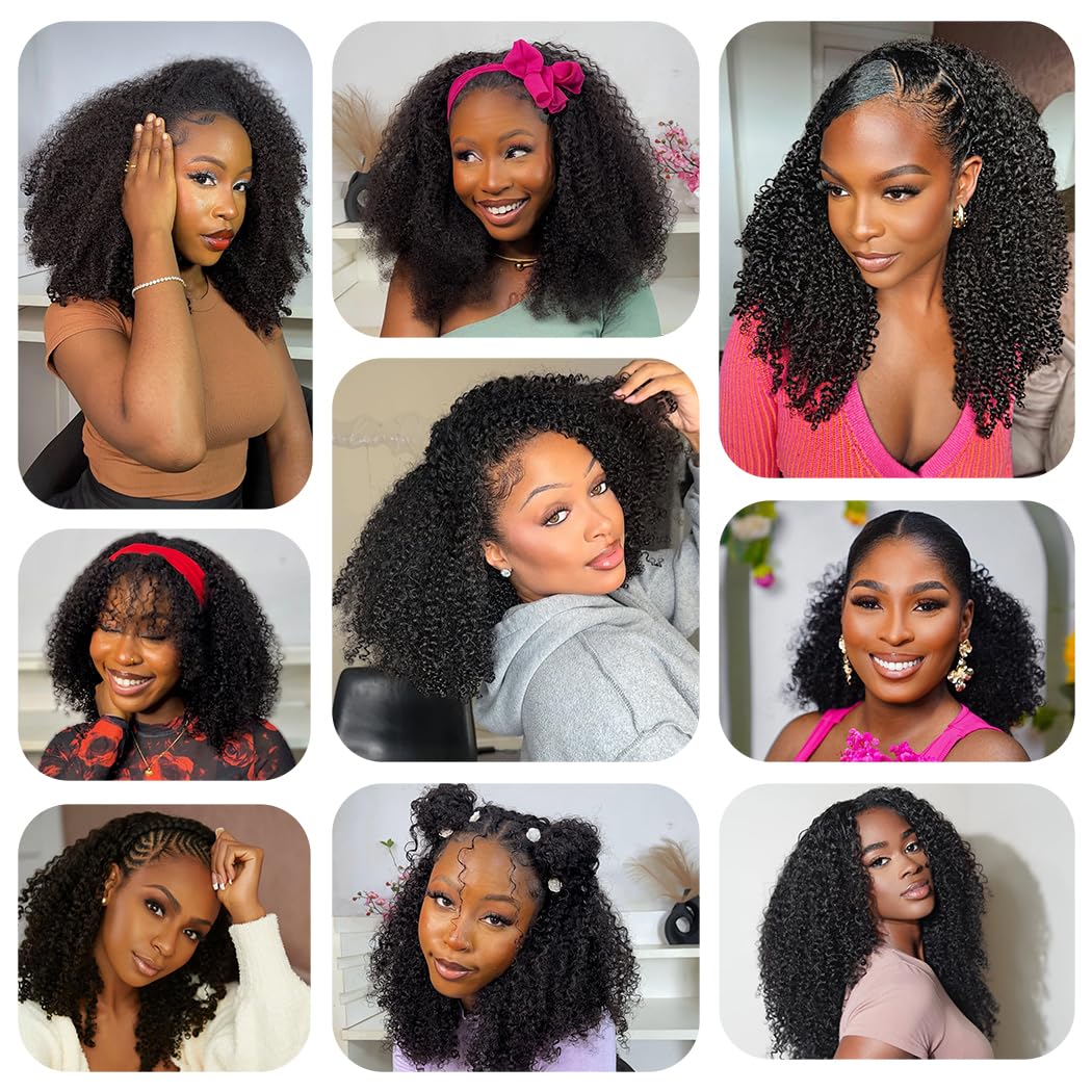 [All Styles In One]Tuneful 3 In 1 Kinky Curly Half Wig Human Hair 180% Density Ready Go Glueless Wigs Human Hair 20 Inch Curly Wigs for Women Drawstring Seamless Flip Headband Wig Beginner Friendly