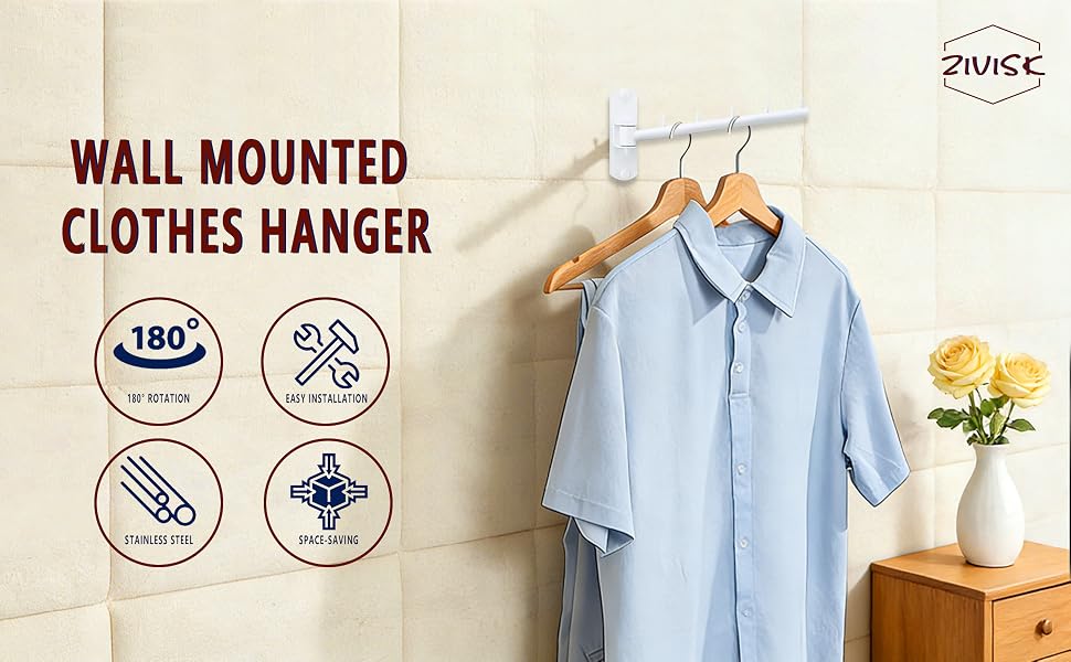 Folding Wall Mounted Clothes Hanger Rack with Swing Arm Stainless Steel Heavy Duty Coat Hook for Bathroom, Bedroom, Laundry Room- White