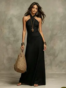 Spring Summer Slim Fit Fashion Halter Neck Dress, High-End Versatile Elegant Vintage Style Dress, Suitable for Office and Casual Outing